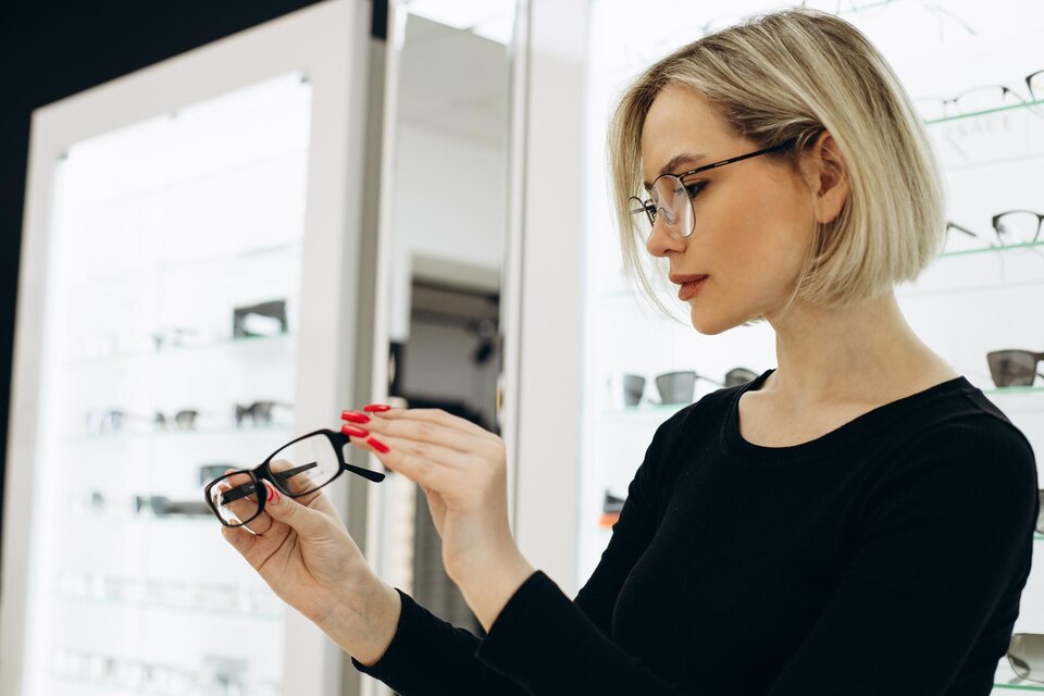 mulher escolhendo óculos de tipo quadrado